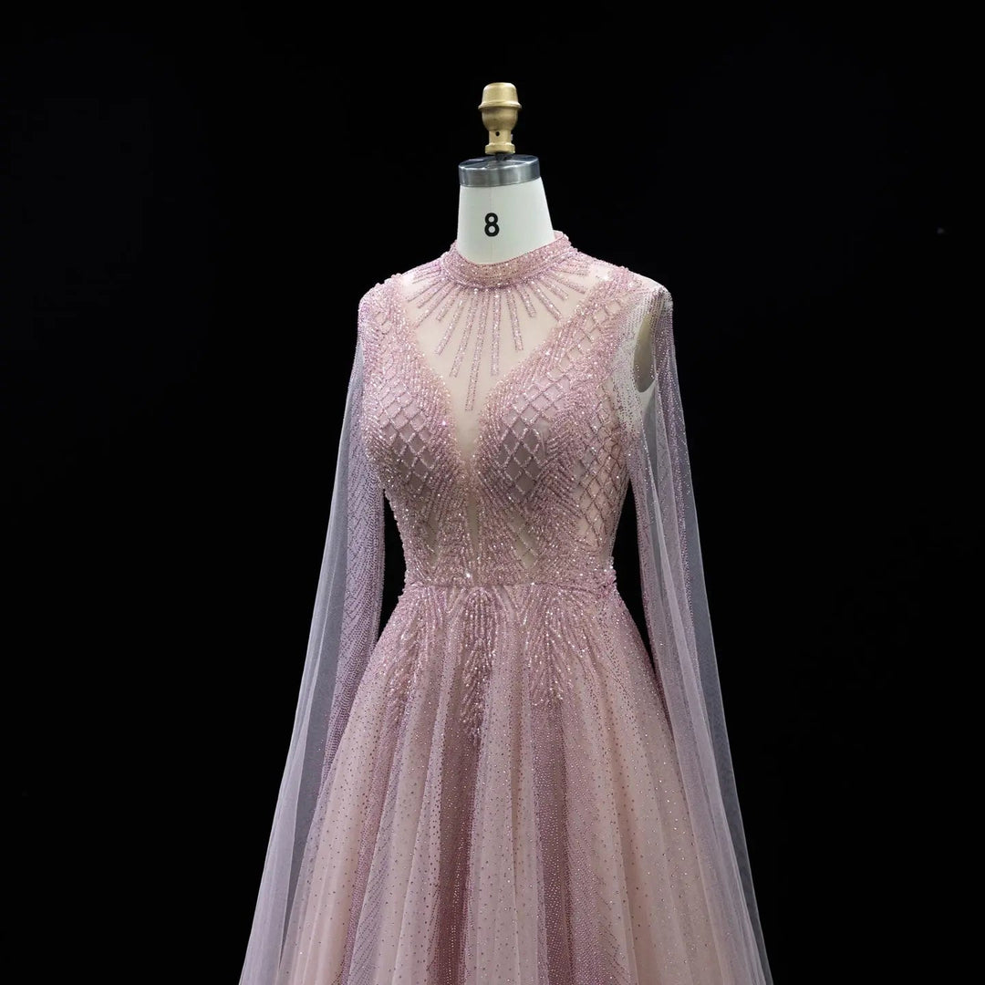Luxury Crystal Beaded High Neck Cape Sleeve A-Line Tulle Evening Gown SS060