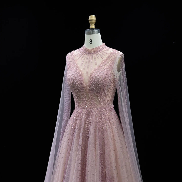 Luxury Crystal Beaded High Neck Cape Sleeve A-Line Tulle Evening Gown SS060