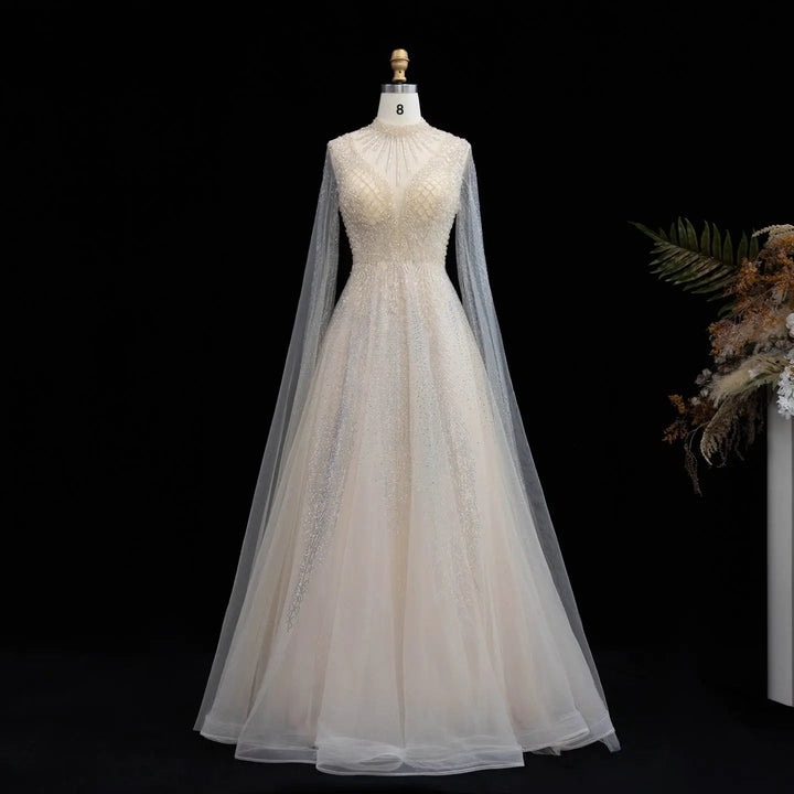 Luxury Crystal Beaded High Neck Cape Sleeve A-Line Tulle Evening Gown SS060