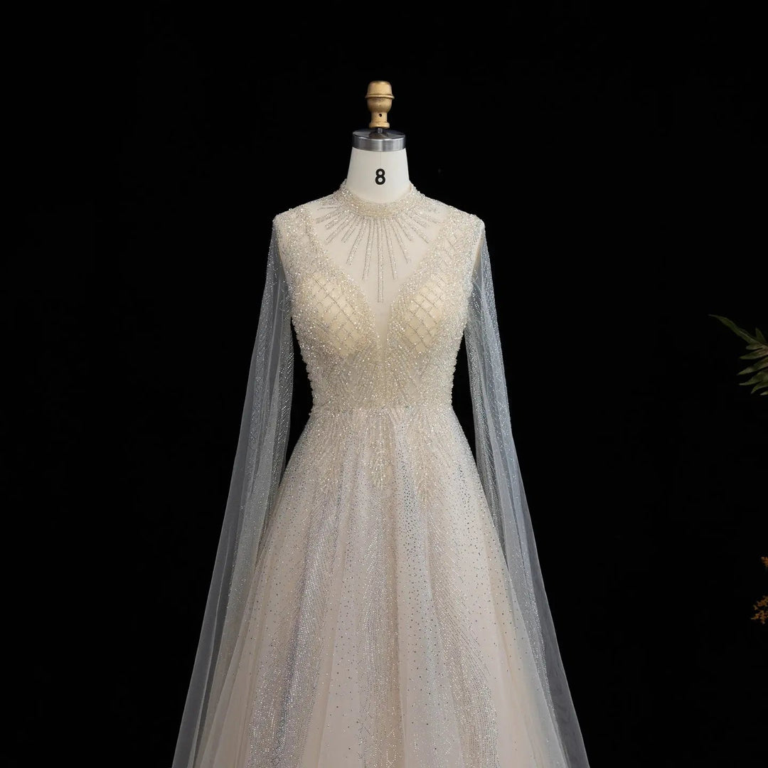 Luxury Crystal Beaded High Neck Cape Sleeve A-Line Tulle Evening Gown SS060