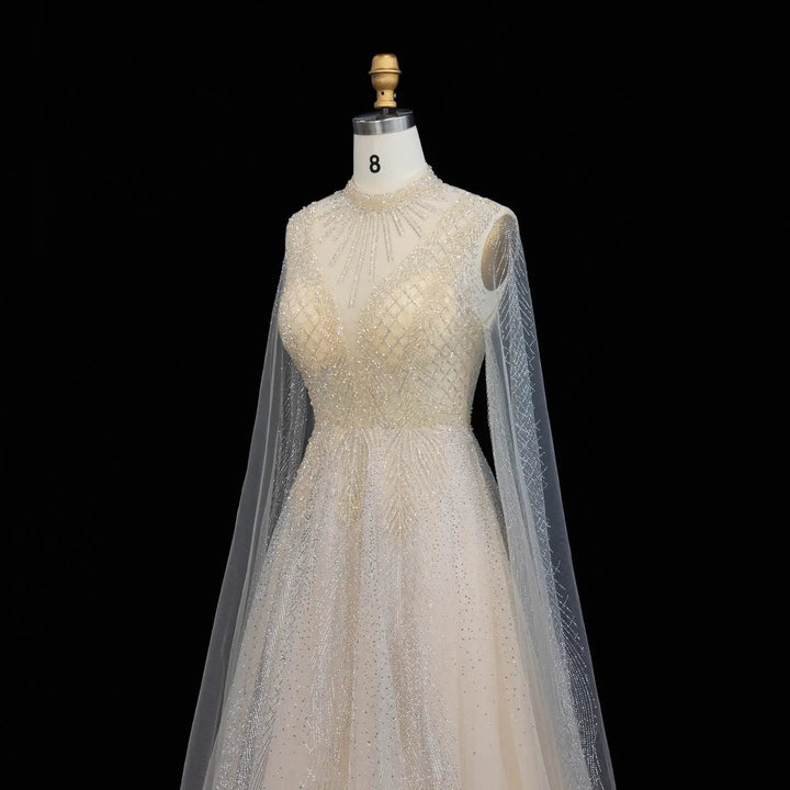 Luxury Crystal Beaded High Neck Cape Sleeve A-Line Tulle Evening Gown SS060