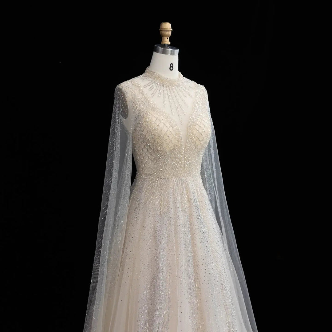 Luxury Crystal Beaded High Neck Cape Sleeve A-Line Tulle Evening Gown SS060