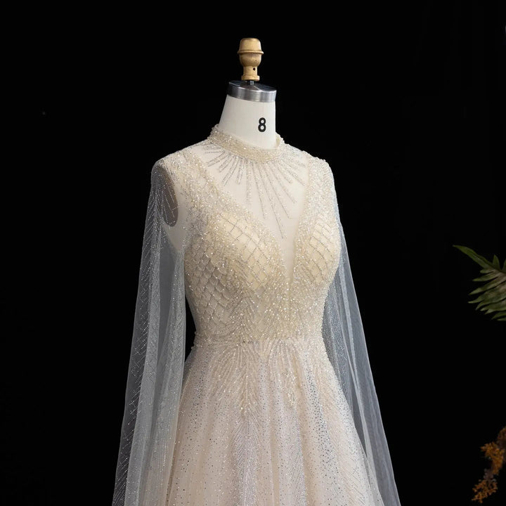 Luxury Crystal Beaded High Neck Cape Sleeve A-Line Tulle Evening Gown SS060