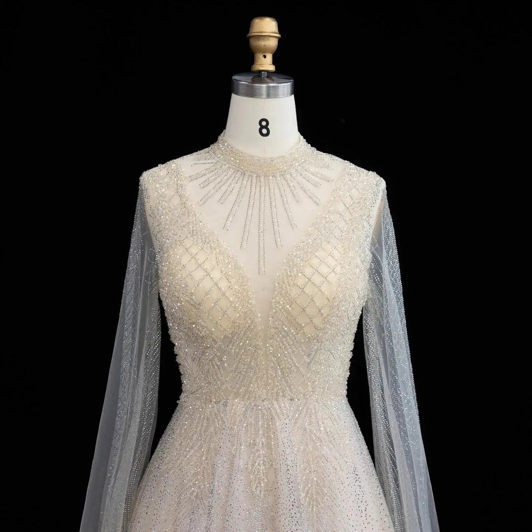 Luxury Crystal Beaded High Neck Cape Sleeve A-Line Tulle Evening Gown SS060