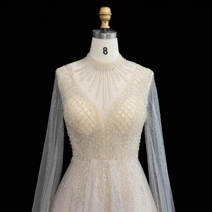 Luxury Crystal Beaded High Neck Cape Sleeve A-Line Tulle Evening Gown SS060