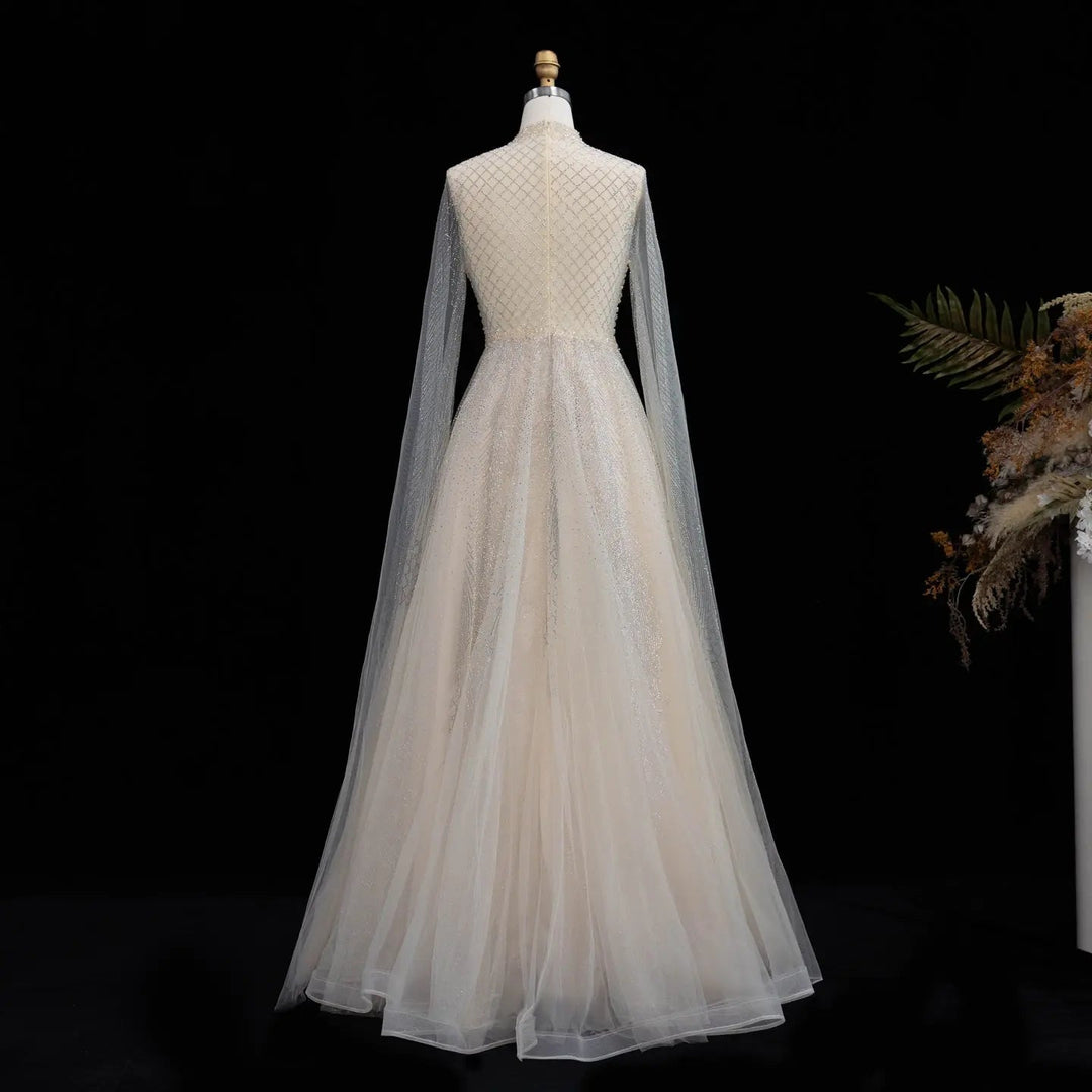 Luxury Crystal Beaded High Neck Cape Sleeve A-Line Tulle Evening Gown SS060
