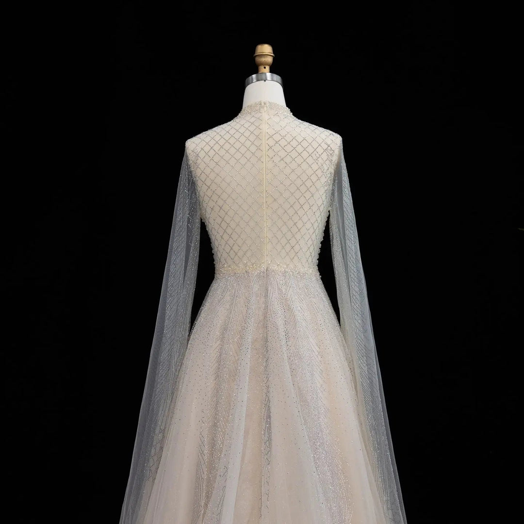 Luxury Crystal Beaded High Neck Cape Sleeve A-Line Tulle Evening Gown SS060