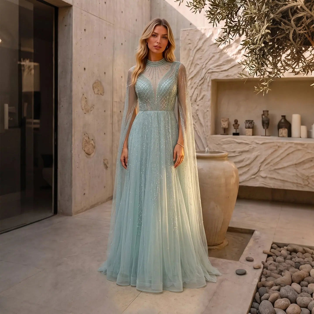 Luxury Crystal Beaded High Neck Cape Sleeve A-Line Tulle Evening Gown SS060