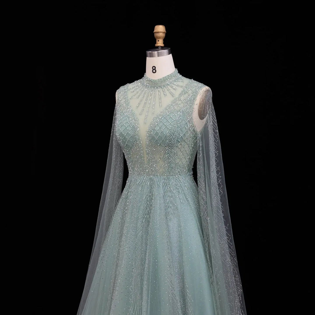 Luxury Crystal Beaded High Neck Cape Sleeve A-Line Tulle Evening Gown SS060