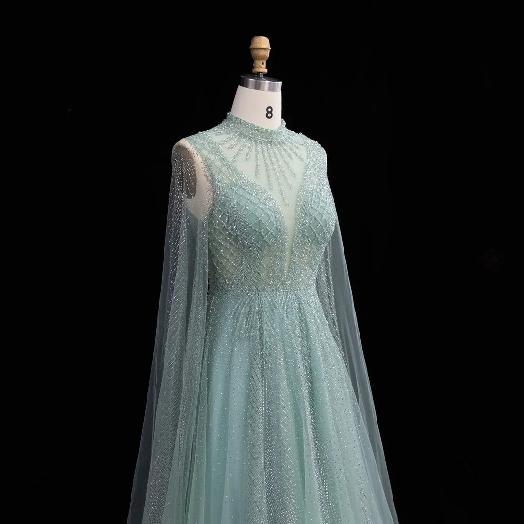 Luxury Crystal Beaded High Neck Cape Sleeve A-Line Tulle Evening Gown SS060
