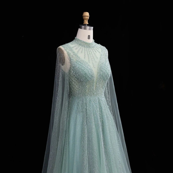 Luxury Crystal Beaded High Neck Cape Sleeve A-Line Tulle Evening Gown SS060
