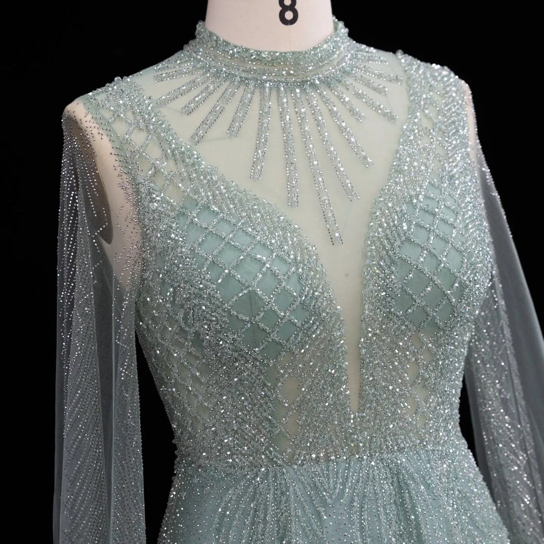Luxury Crystal Beaded High Neck Cape Sleeve A-Line Tulle Evening Gown SS060