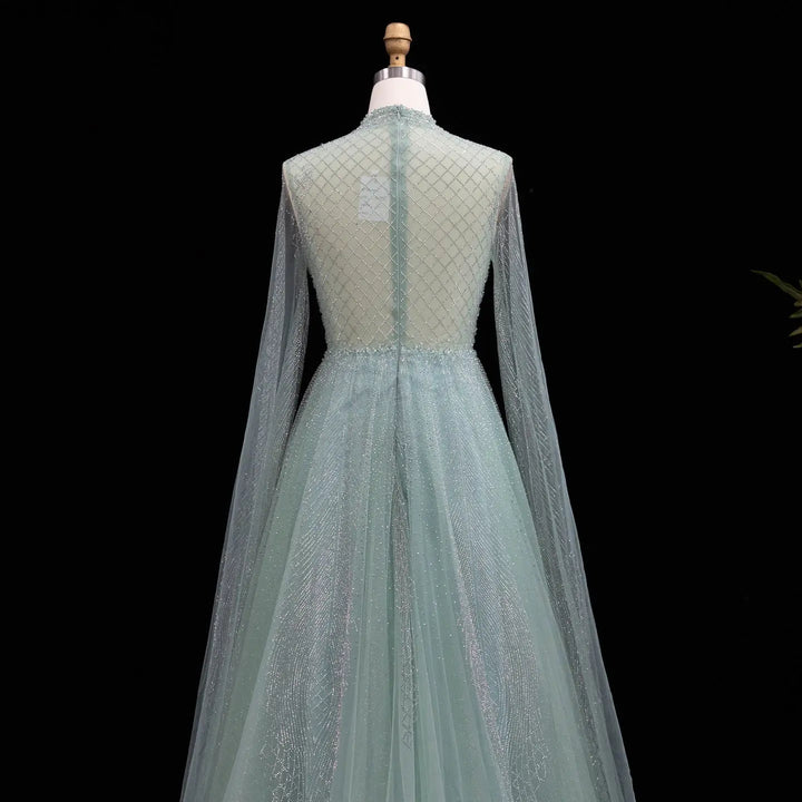 Luxury Crystal Beaded High Neck Cape Sleeve A-Line Tulle Evening Gown SS060