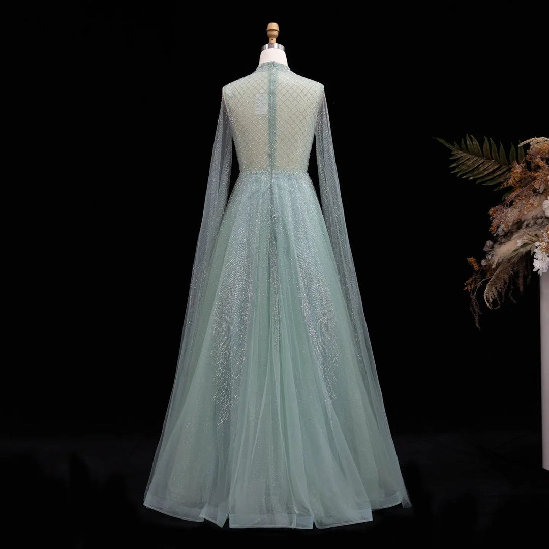 Luxury Crystal Beaded High Neck Cape Sleeve A-Line Tulle Evening Gown SS060