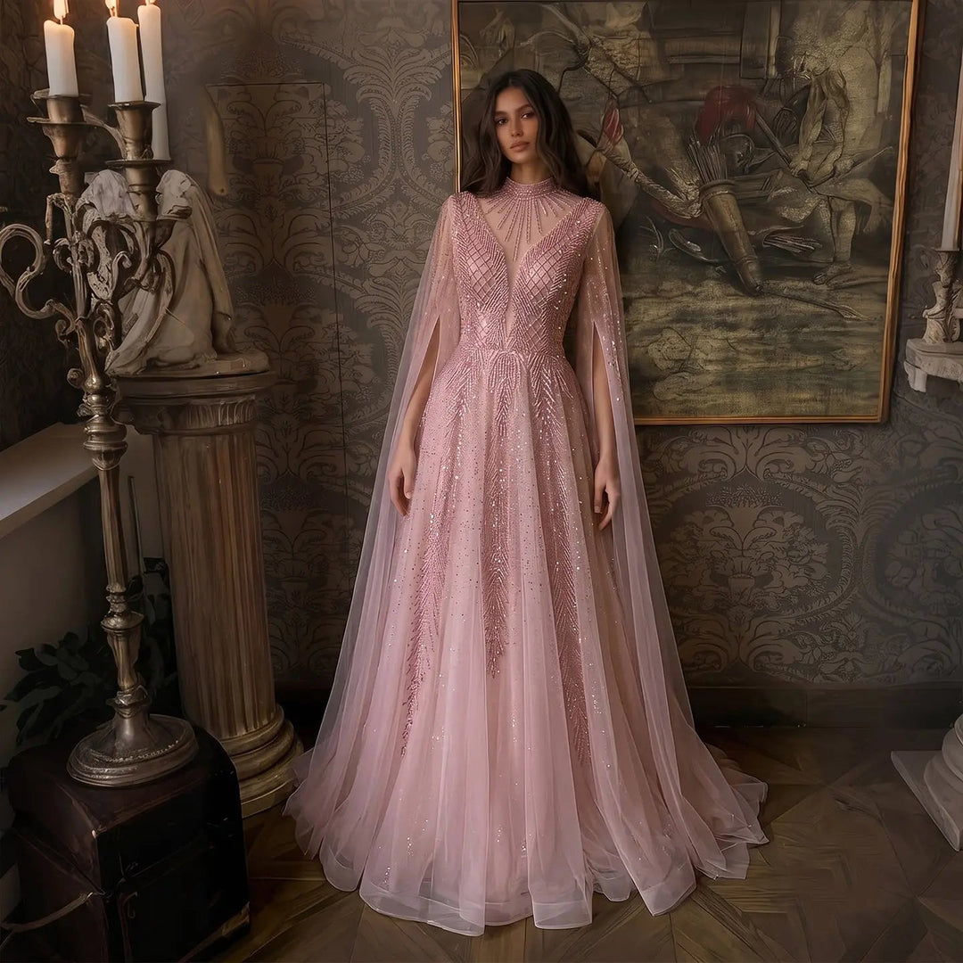 Luxury Crystal Beaded High Neck Cape Sleeve A-Line Tulle Evening Gown SS060