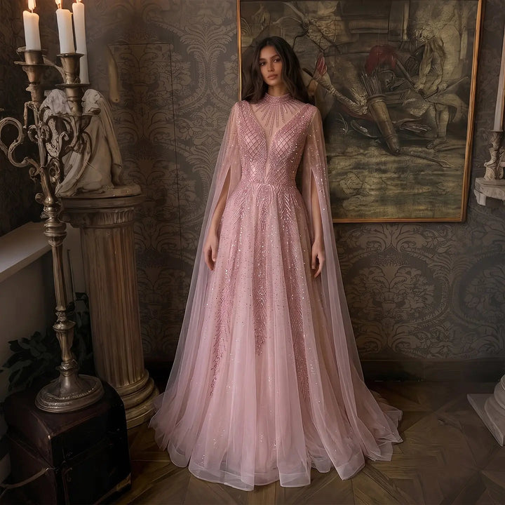 Luxury Crystal Beaded High Neck Cape Sleeve A-Line Tulle Evening Gown SS060