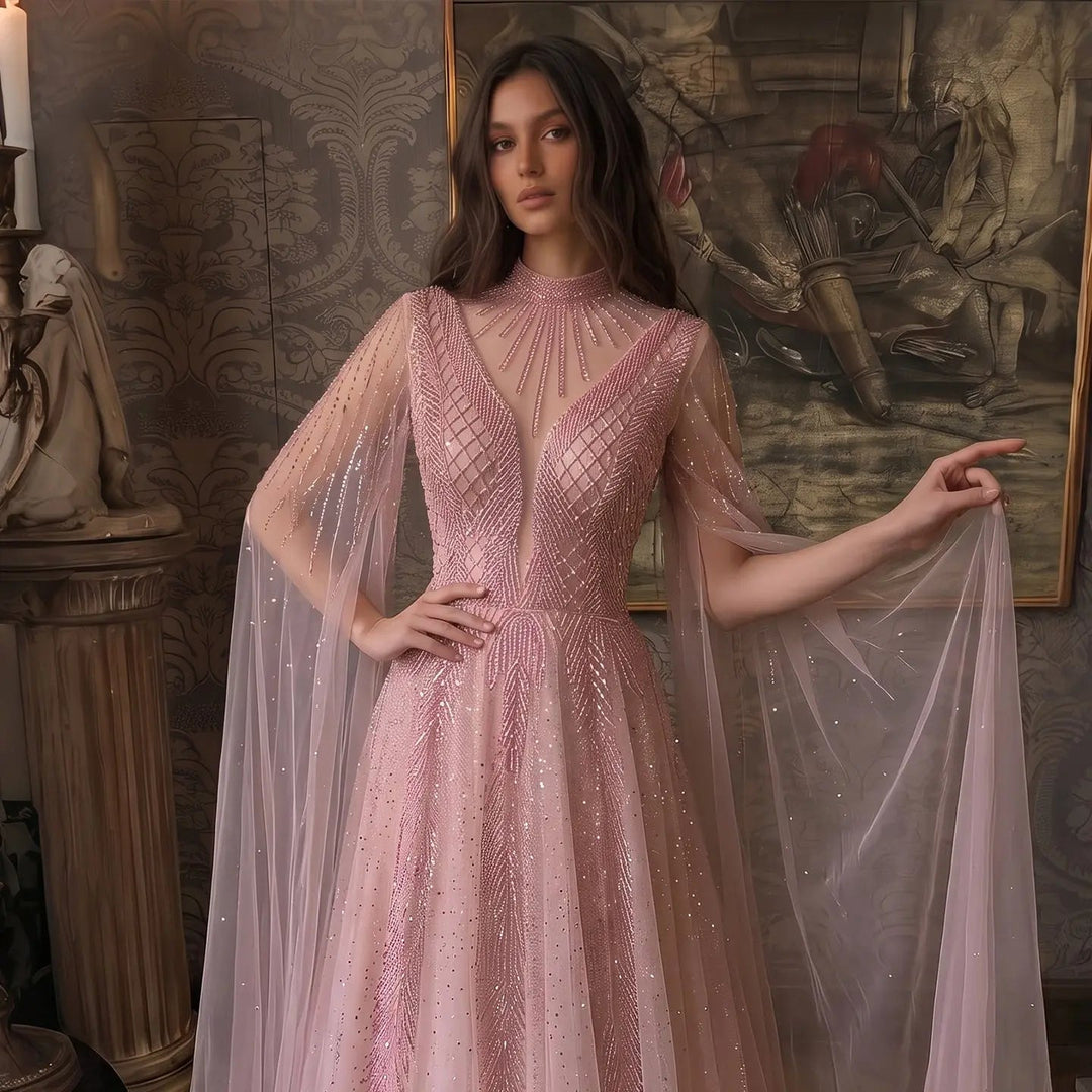 Luxury Crystal Beaded High Neck Cape Sleeve A-Line Tulle Evening Gown SS060