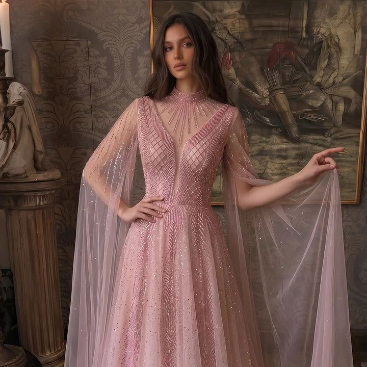 Luxury Crystal Beaded High Neck Cape Sleeve A-Line Tulle Evening Gown SS060
