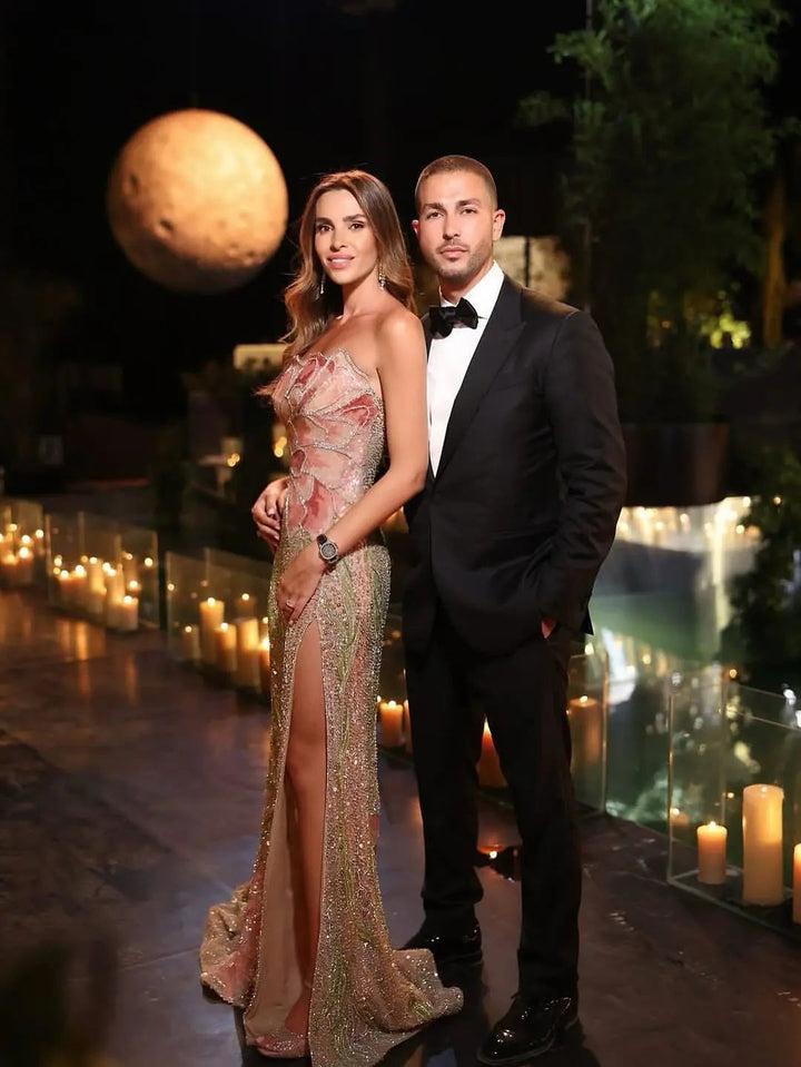 Luxury Floral Crystal Evening Dress with Shawl Slit SS396