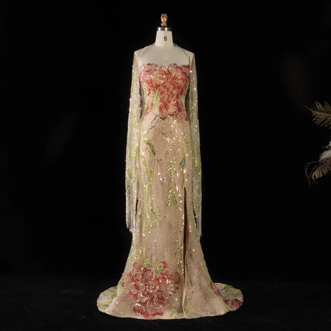 Luxury Floral Crystal Evening Dress with Shawl Slit SS396