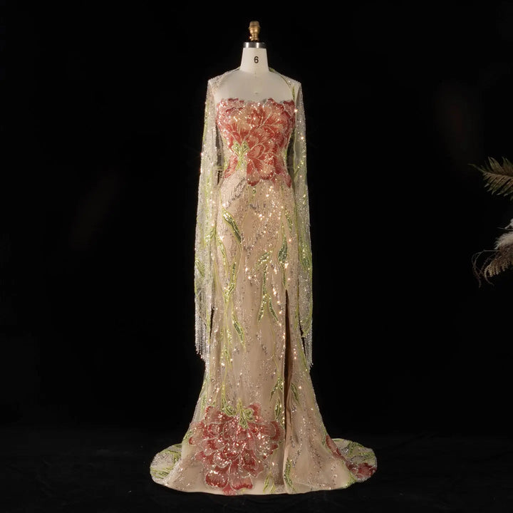 Luxury Floral Crystal Evening Dress with Shawl Slit SS396
