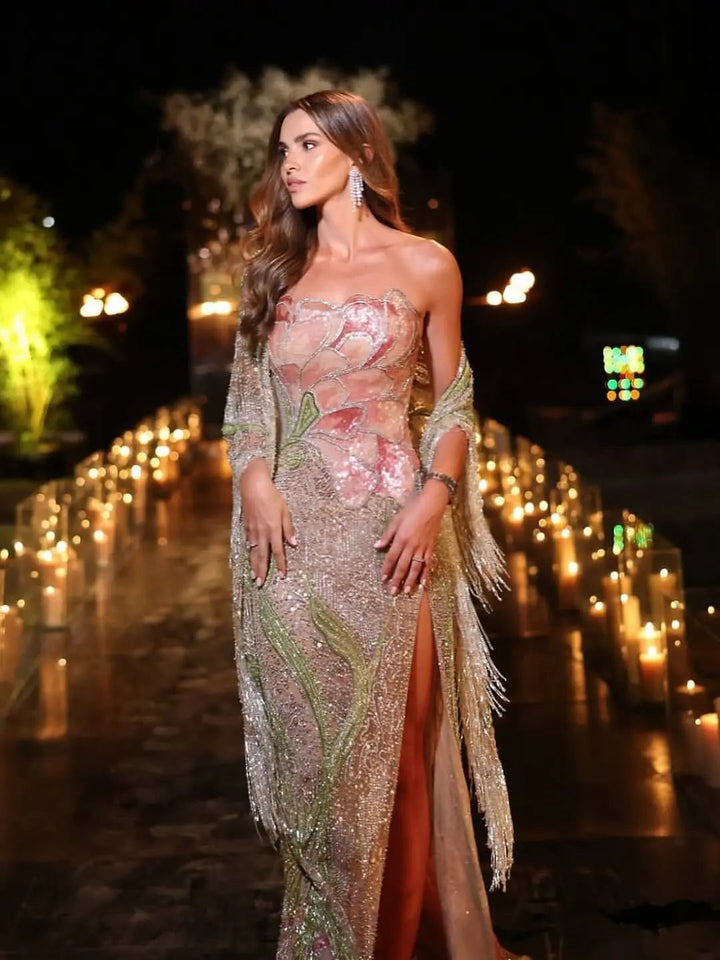Luxury Floral Crystal Evening Dress with Shawl Slit SS396