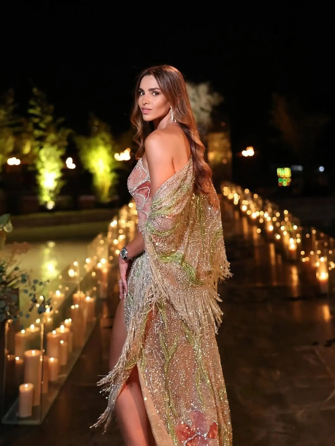 Luxury Floral Crystal Evening Dress with Shawl Slit SS396