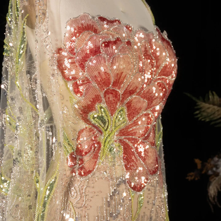 Luxury Floral Crystal Evening Dress with Shawl Slit SS396