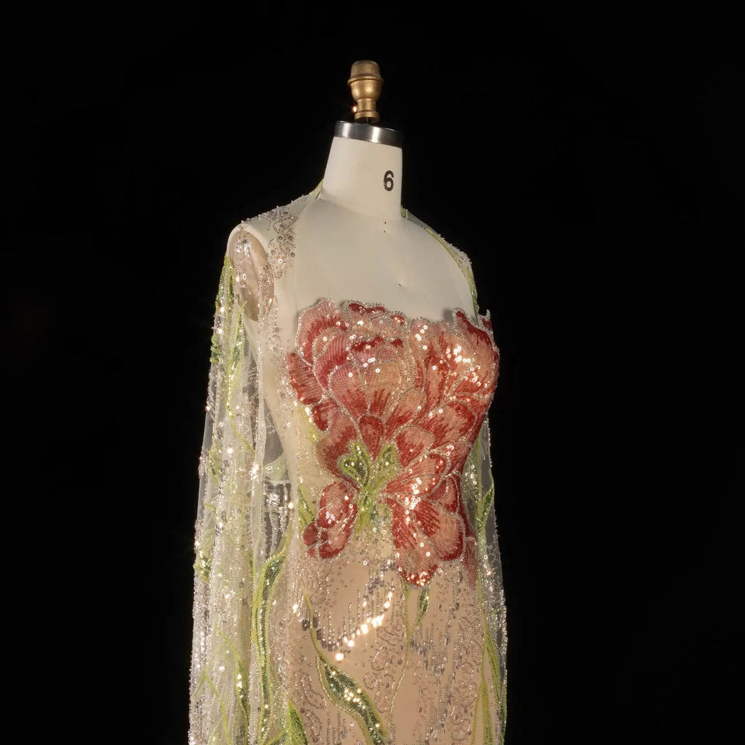 Luxury Floral Crystal Evening Dress with Shawl Slit SS396