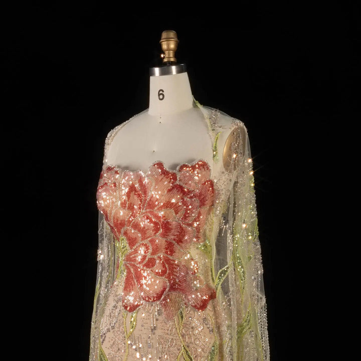 Luxury Floral Crystal Evening Dress with Shawl Slit SS396