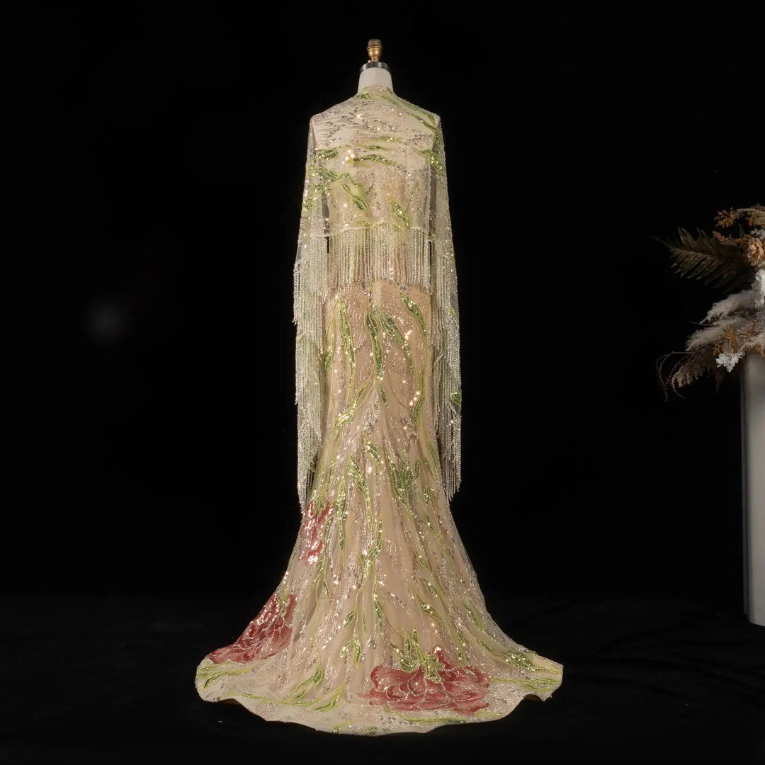 Luxury Floral Crystal Evening Dress with Shawl Slit SS396