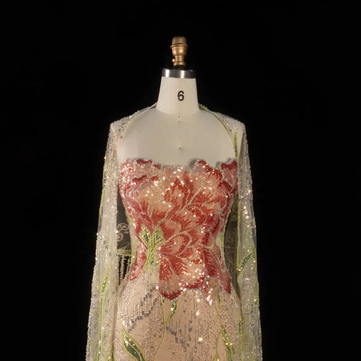 Luxury Floral Crystal Evening Dress with Shawl Slit SS396