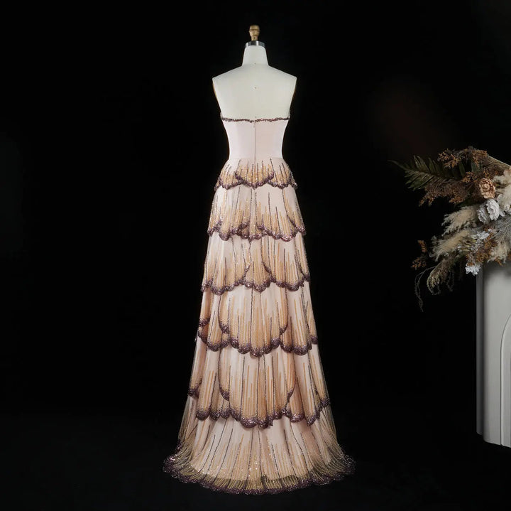Elegant Mixed Purple Tiered Sequin Strapless A-Line Evening Gown SS657