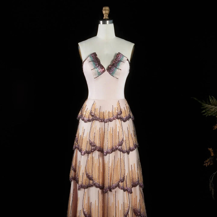Elegant Mixed Purple Tiered Sequin Strapless A-Line Evening Gown SS657