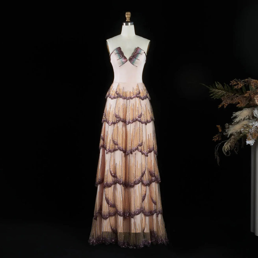 Elegant Mixed Purple Tiered Sequin Strapless A-Line Evening Gown SS657