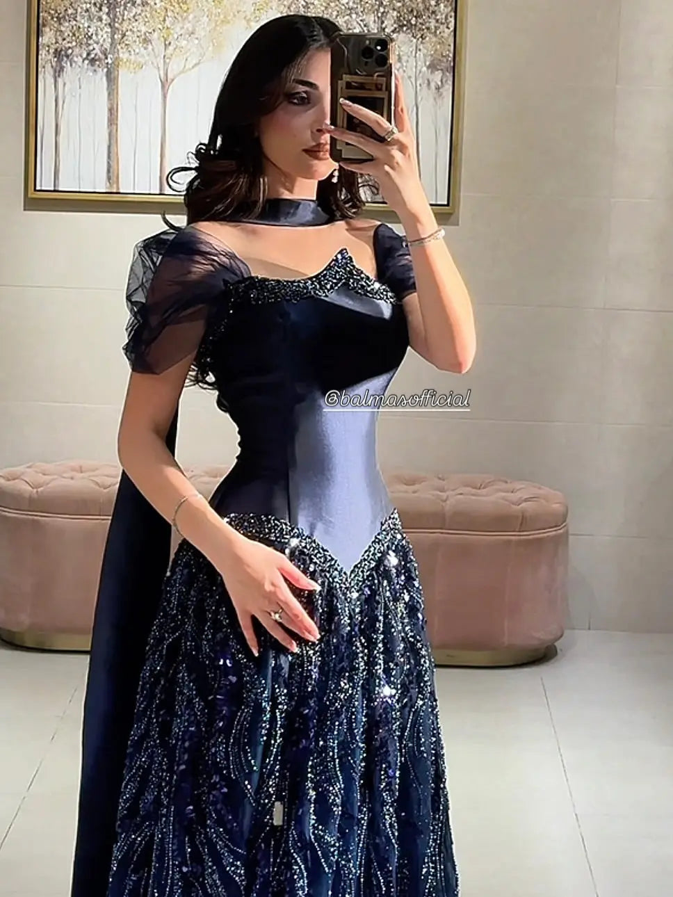 Elegant Navy Blue Sparkly Evening Dress with Crystal Sequin Scarf SS652