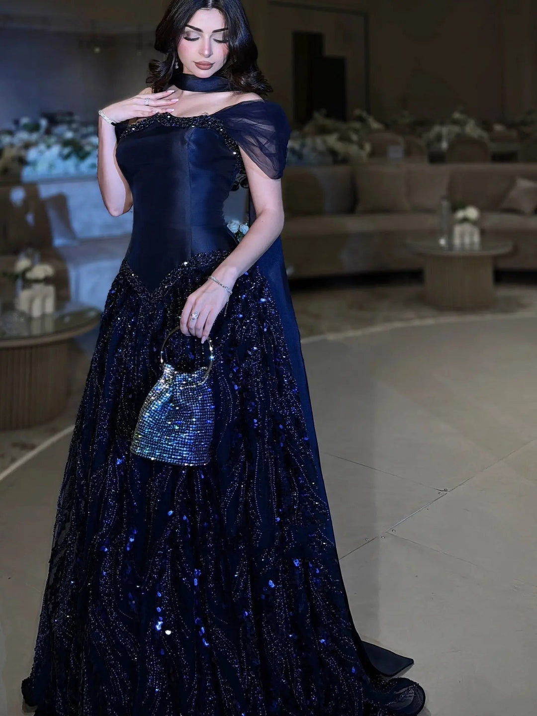 Elegant Navy Blue Sparkly Evening Dress with Crystal Sequin Scarf SS652 Shell White / 6 Elegant Navy Blue Sparkly Evening Dress with Crystal Sequin Scarf SS652 Shell White / 6