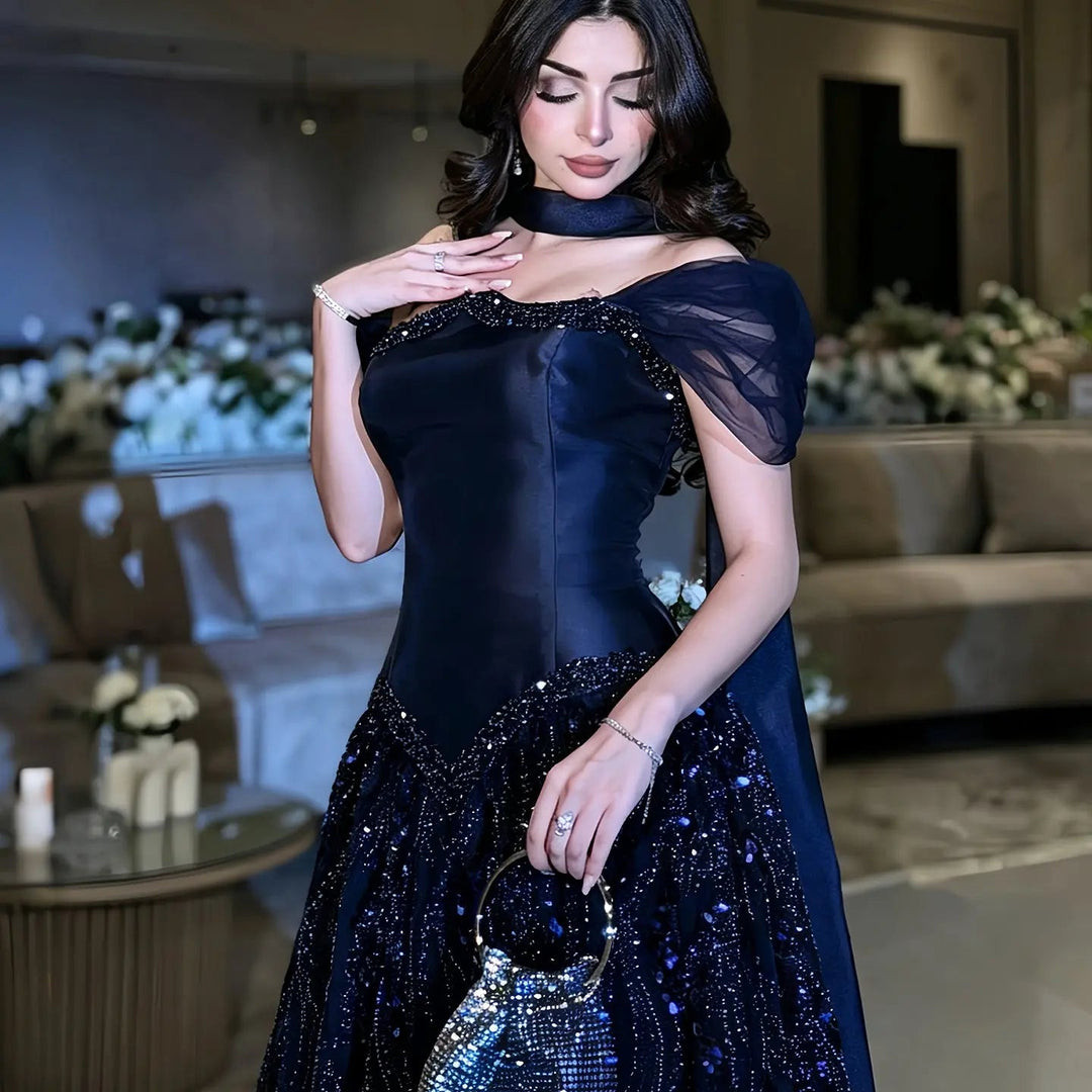 Elegant Navy Blue Sparkly Evening Dress with Crystal Sequin Scarf SS652