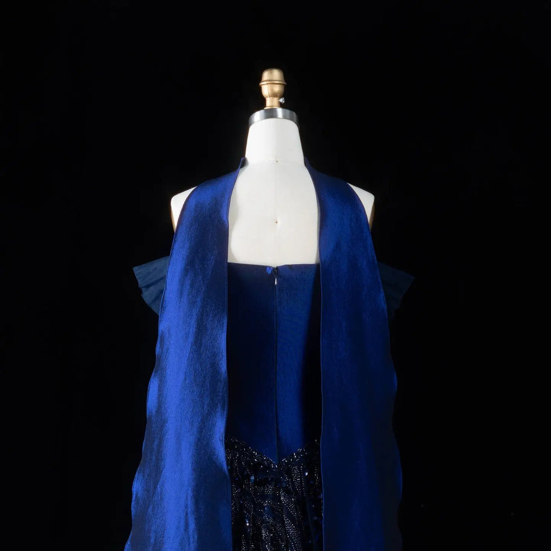 Elegant Navy Blue Sparkly Evening Dress with Crystal Sequin Scarf SS652