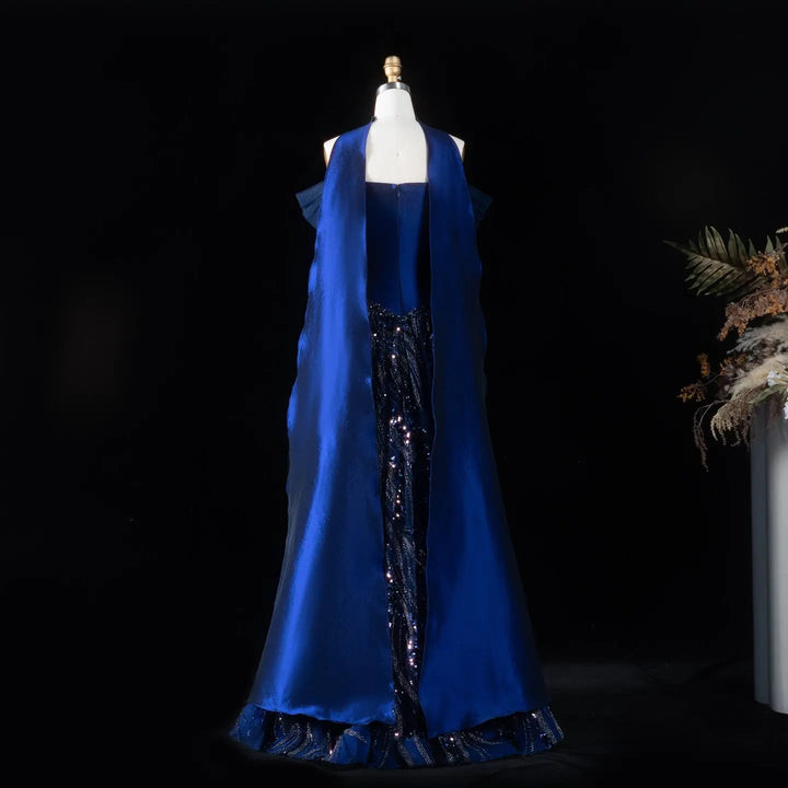 Elegant Navy Blue Sparkly Evening Dress with Crystal Sequin Scarf SS652