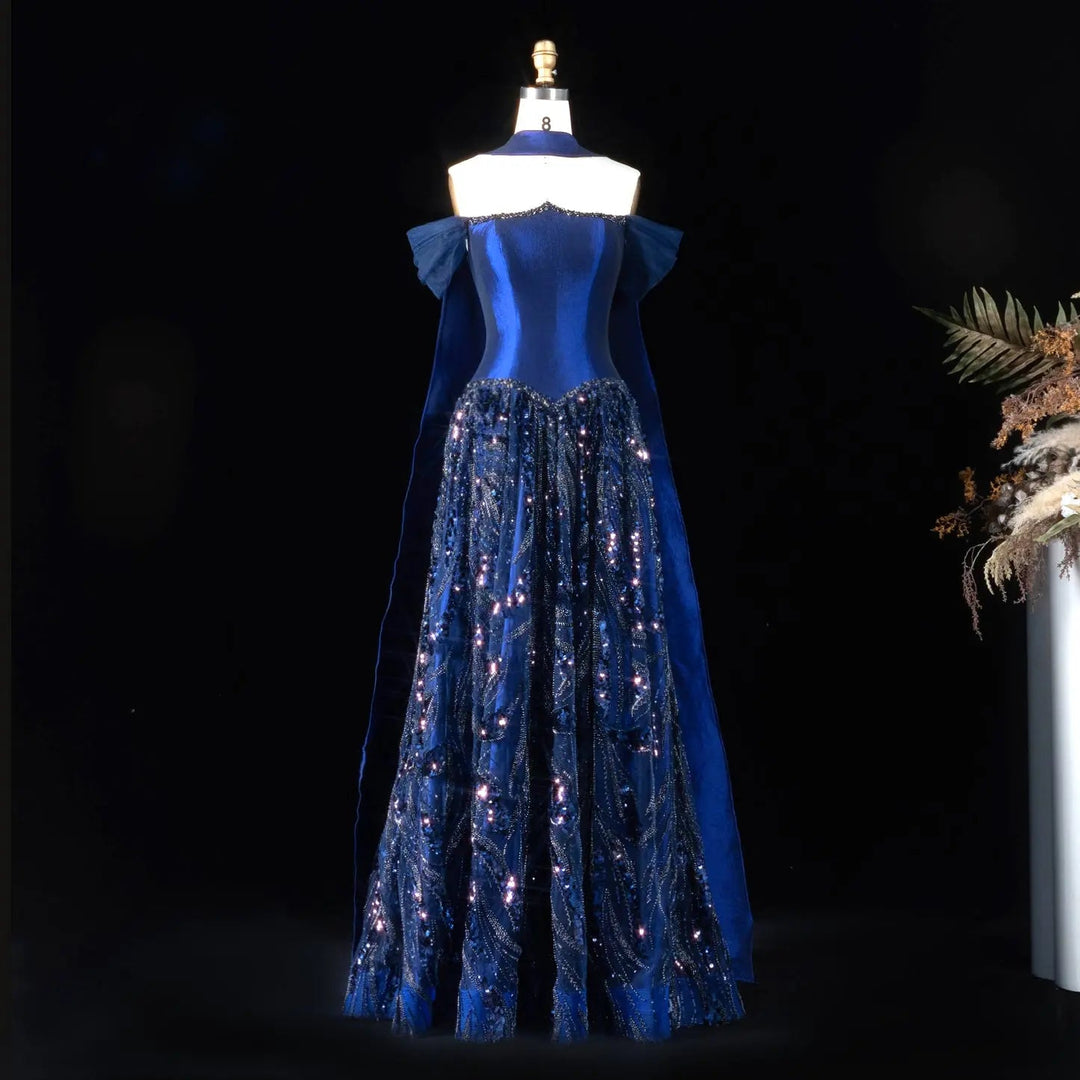 Elegant Navy Blue Sparkly Evening Dress with Crystal Sequin Scarf SS65 DreamyVow Elegant Navy Blue Sparkly Evening Dress with Crystal Sequin Scarf SS65 DreamyVow