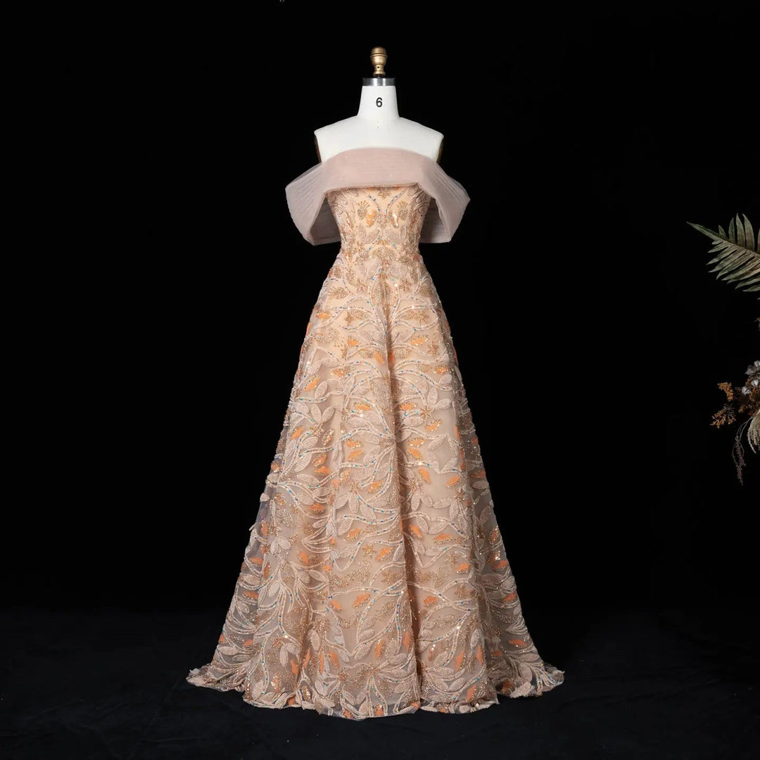 Luxury Orange Embroidered Evening Dress with Sparkling Sequins SS542