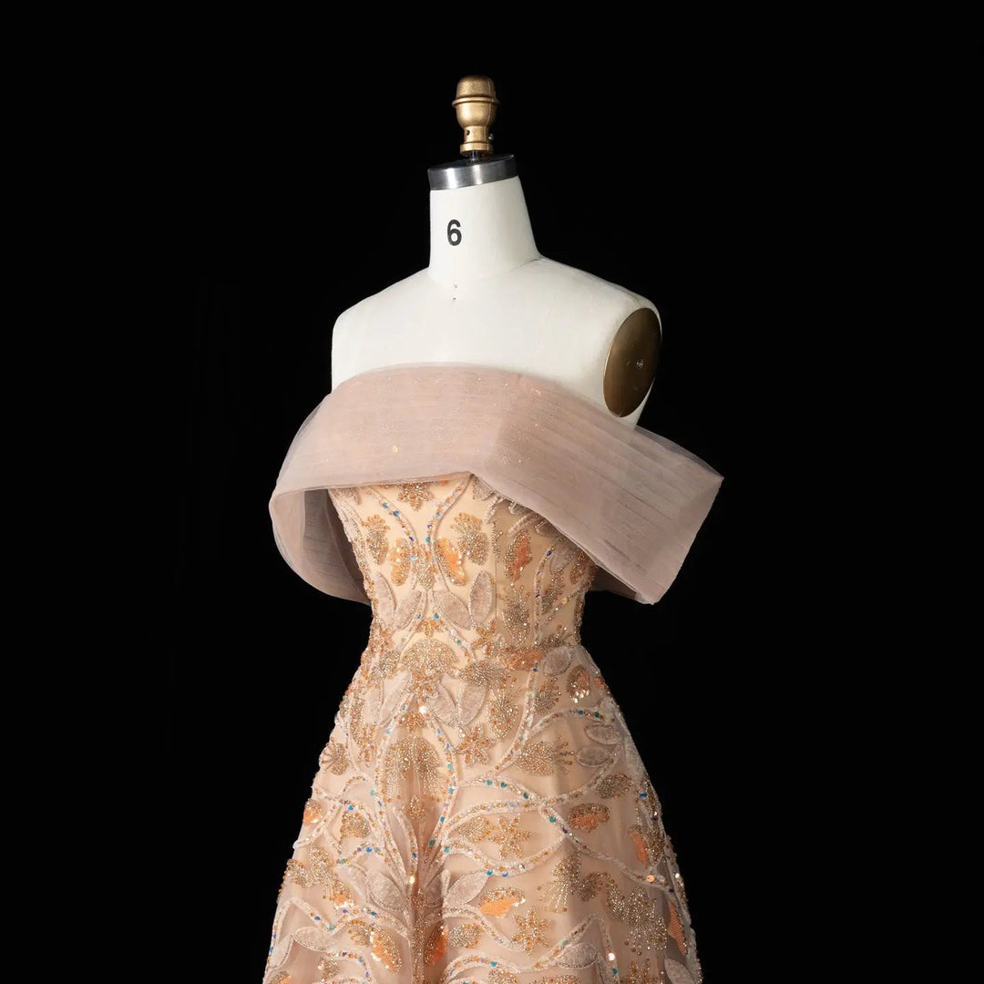 Luxury Orange Embroidered Evening Dress with Sparkling Sequins SS542