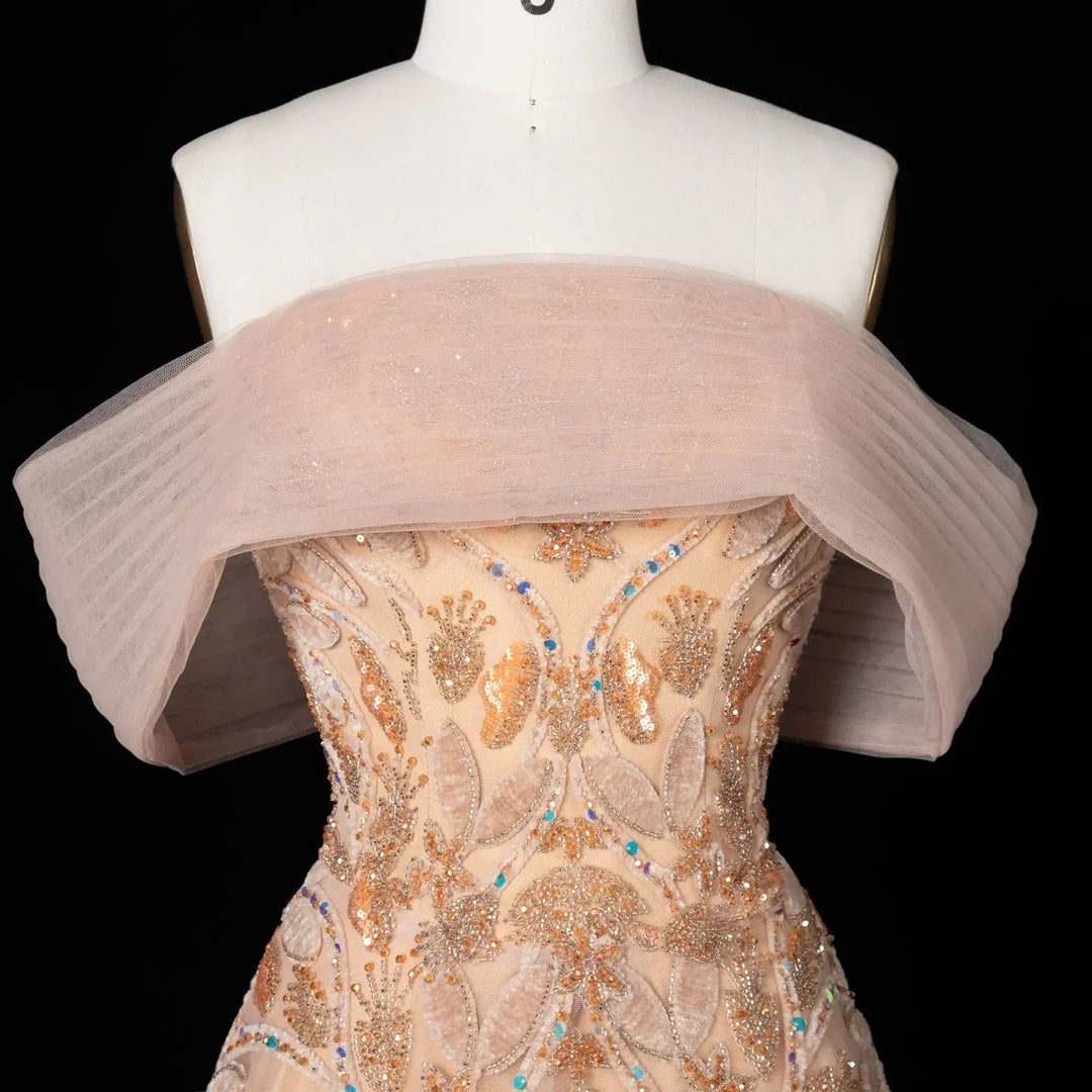 Luxury Orange Embroidered Evening Dress with Sparkling Sequins SS542