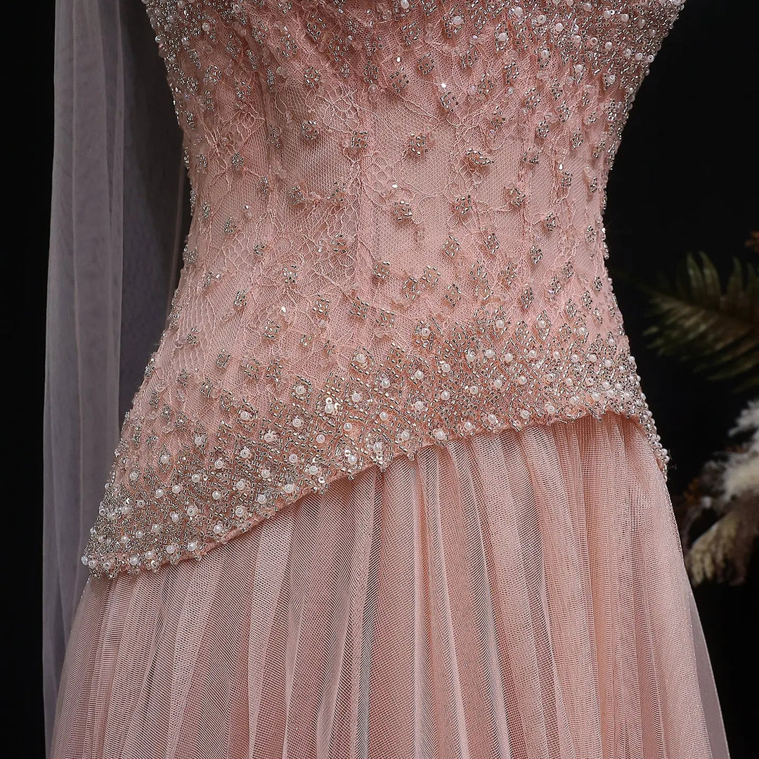 Elegant Peach Corset Evening Gown with Crystal Embellished Bodice SS299
