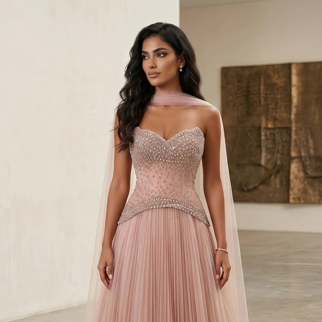 Elegant Peach Corset Evening Gown with Crystal Embellished Bodice SS299