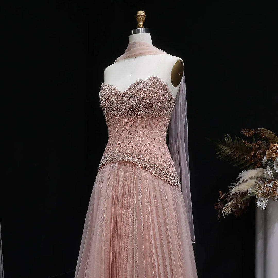 Elegant Peach Corset Evening Gown with Crystal Embellished Bodice SS299