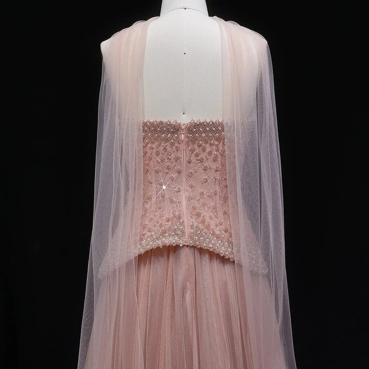 Elegant Peach Corset Evening Gown with Crystal Embellished Bodice SS299