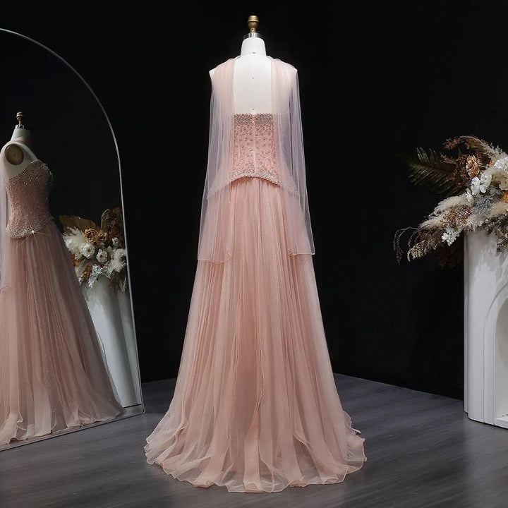 Elegant Peach Corset Evening Gown with Crystal Embellished Bodice SS299