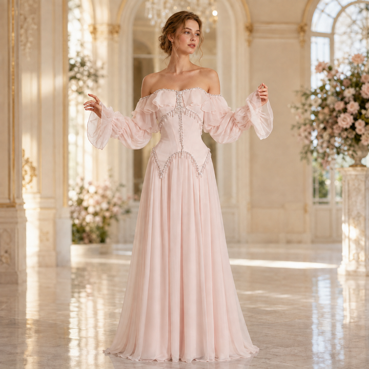 Luxury Pearl Pink Off-Shoulder Chiffon A-Line Evening Dress SS412